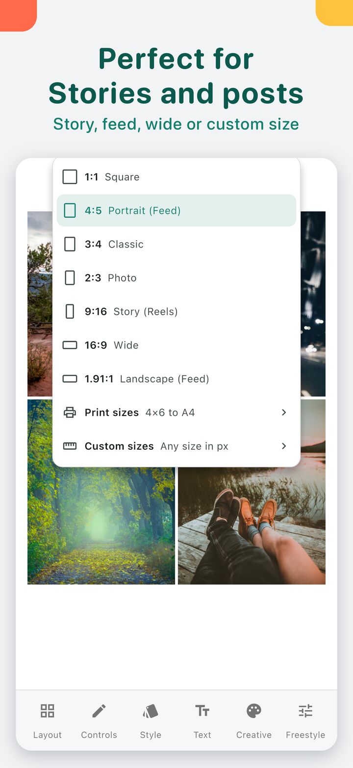 Photo Collage ratio menu: 1:1, 4:5, 3:4, 2:3, 9:16, 16:9, 1.91:1, Print sizes and Custom sizes