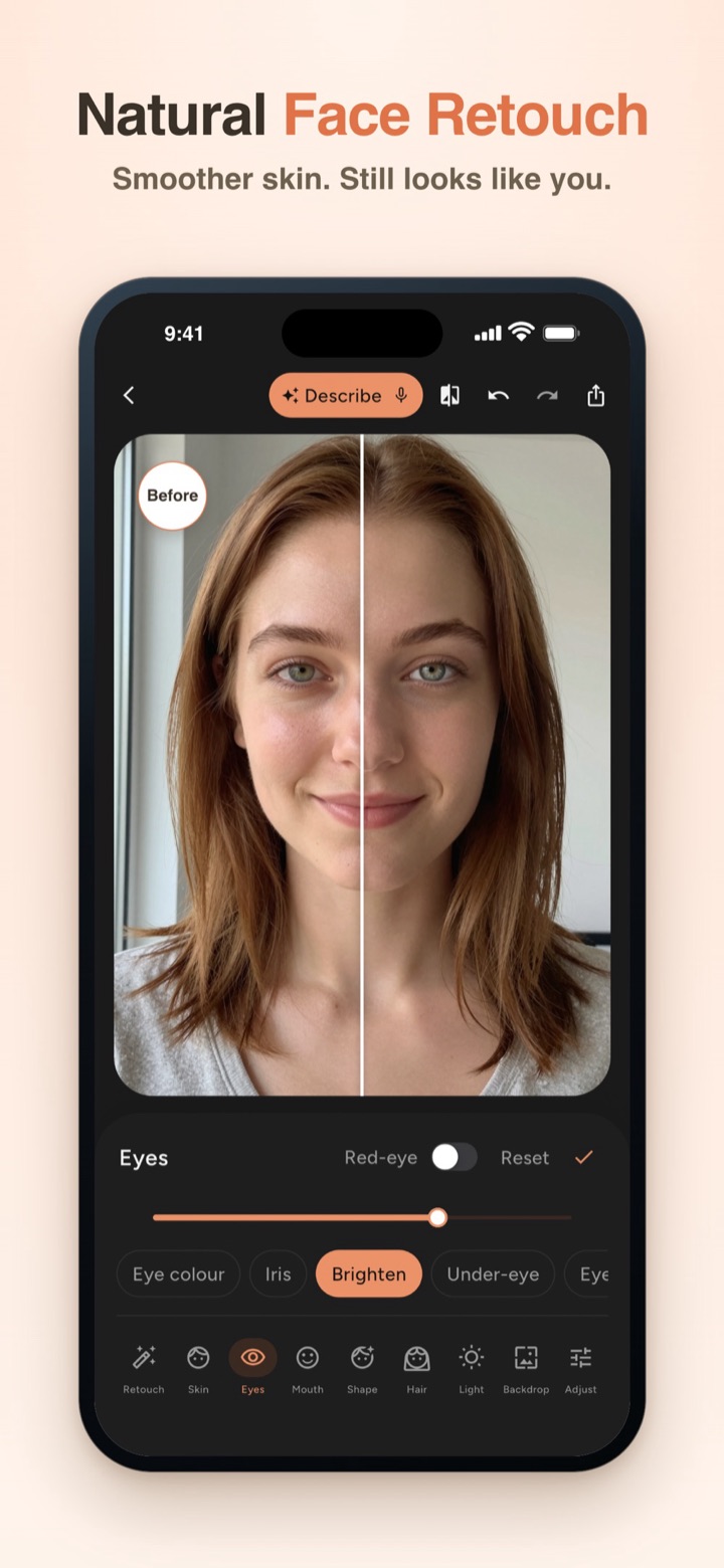 iPhone screen with a before/after split of a woman's portrait in FaceMend, Eyes tool open with Brighten selected; caption: Natural Face Retouch. Smoother skin. Still looks like you.