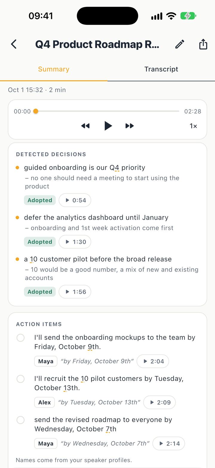 iPhone screen: Minuted Detected Decisions marked Adopted, each with a play link to the moment it was said (0:54, 1:30, 1:56), and Action Items with owners Maya and Alex, the due date as it was said and a checkbox