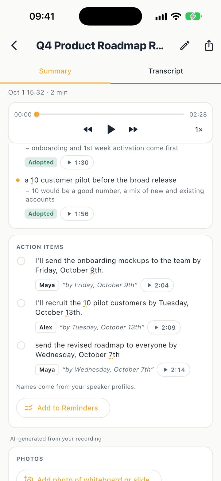 iPhone screen: Minuted Action Items with owners and due dates, an Add to Reminders button, and a Photos section to add a photo of a whiteboard or slide