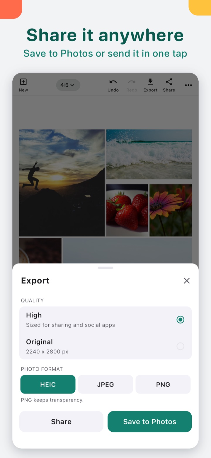 Photo Collage export sheet: quality, photo format, Share and Save to Photos