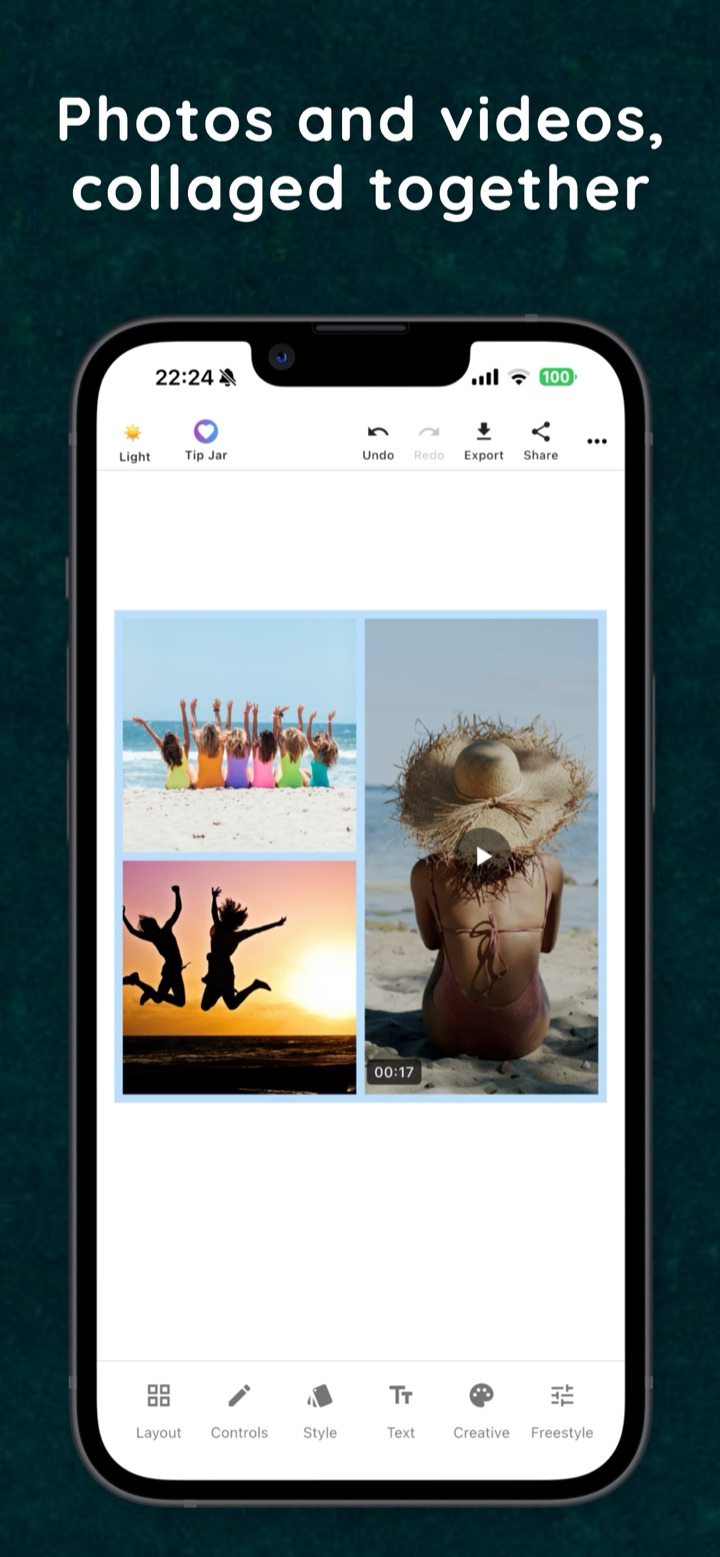 iPhone screen showing a collage mixing three photos and one video clip (00:17, play button); caption: Photos and videos, collaged together