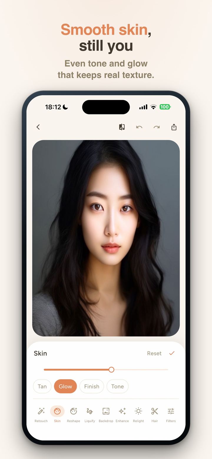 iPhone screen showing the FaceMend Skin tool with Tan, Glow, Finish and Tone tabs and a slider on a portrait; caption: Smooth skin, still you. Even tone and glow that keeps real texture.