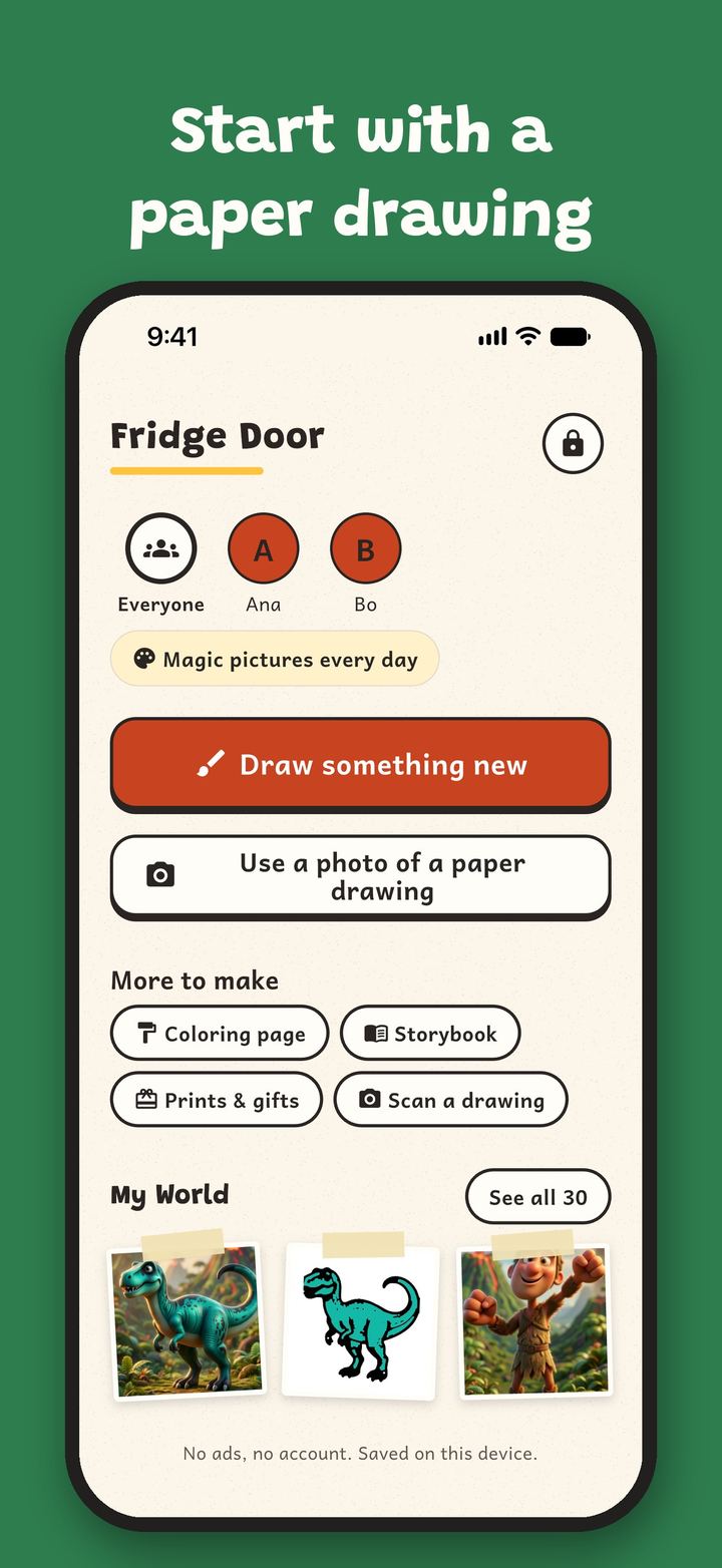 iPhone Fridge Door home screen with child profiles, a Draw something new button, a Use a photo of a paper drawing button and the My World gallery