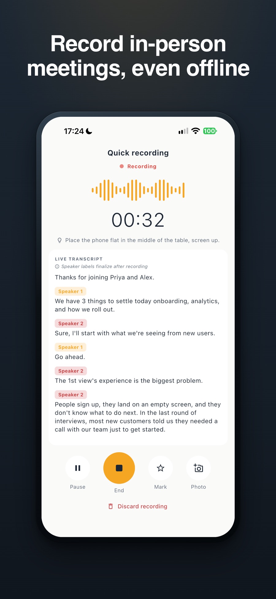 Minuted recording an in-person meeting with a live transcript, even offline