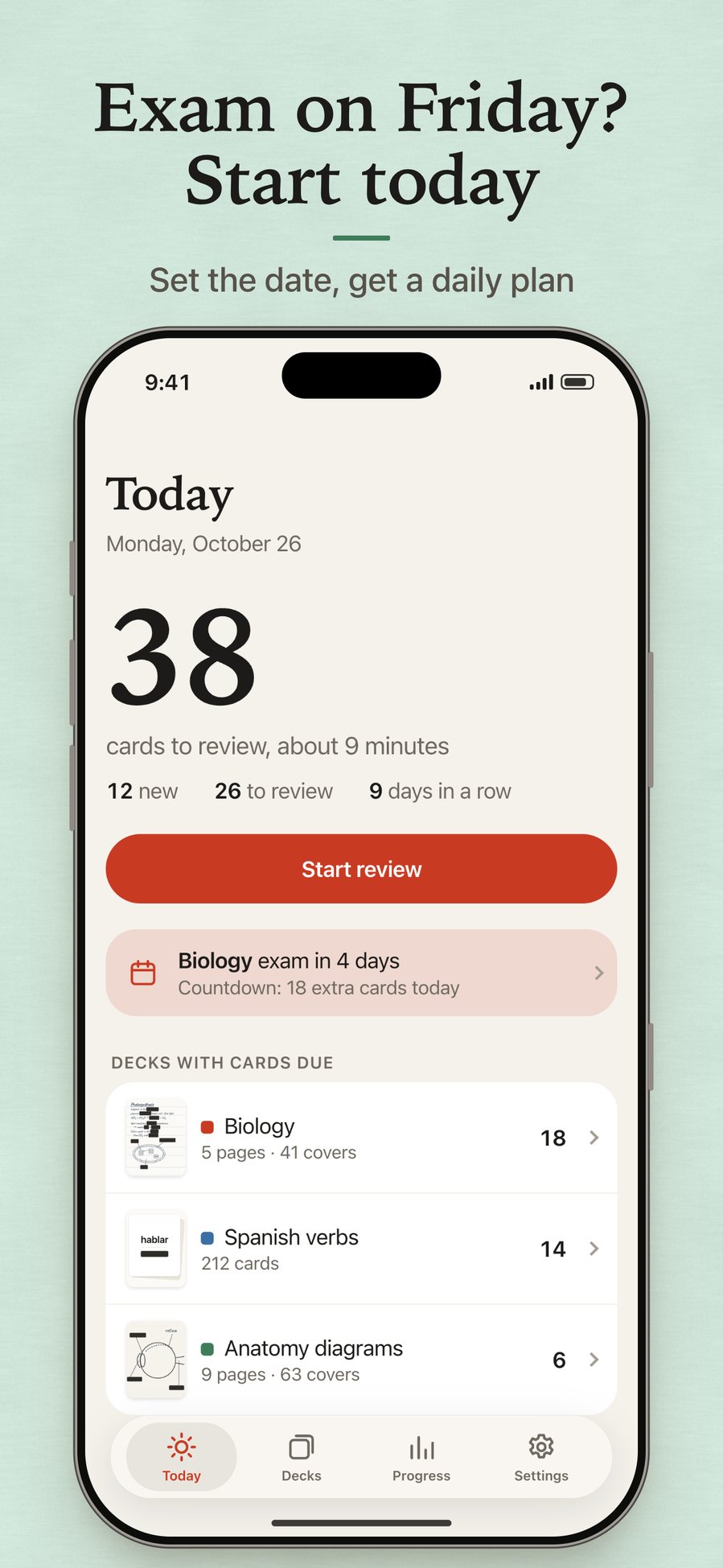 شاشة اليوم في PeekCards: البطاقات المستحقة وعد تنازلي للاختبار